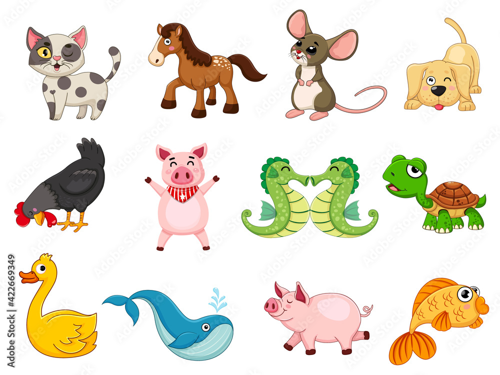 Obraz premium Cute animals collection animal character. Isolates in cartoon flat style white background. Vector illustration design template