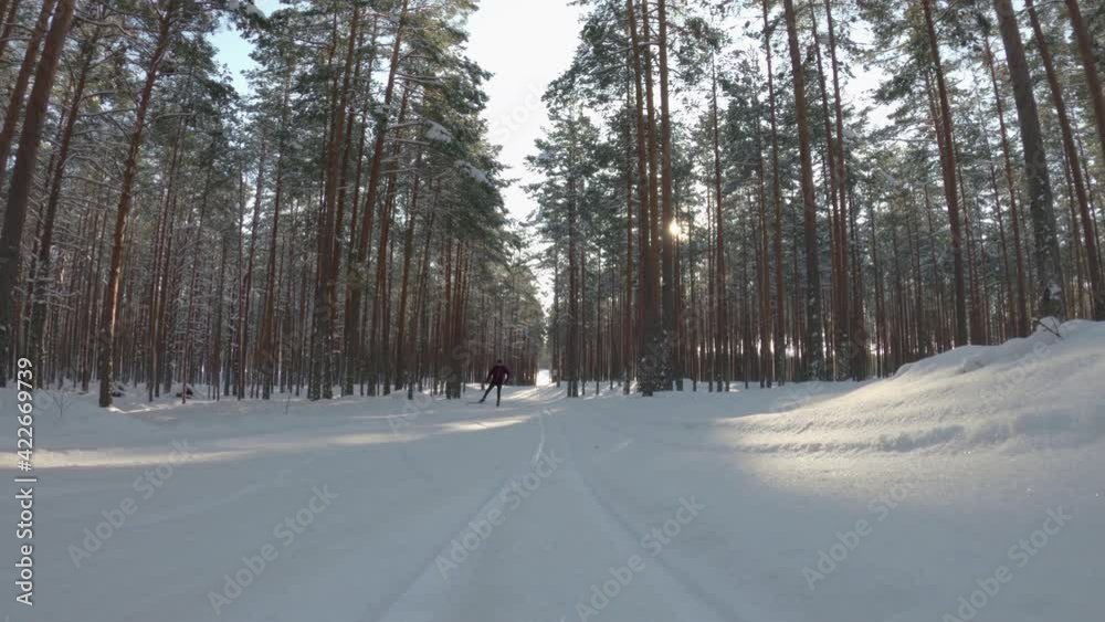 Low angle front view of skier, performing cross country skiing on snow covered track amidst wilderness.