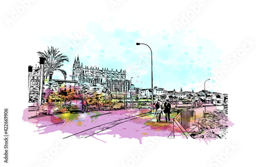 Building view with landmark of Palma is the 
city in Spain. Watercolour splash with hand drawn sketch illustration in vector.