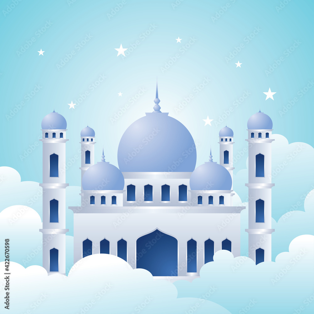 Mosque building in the cloud flat design illustration, Ramadan Mubarak background