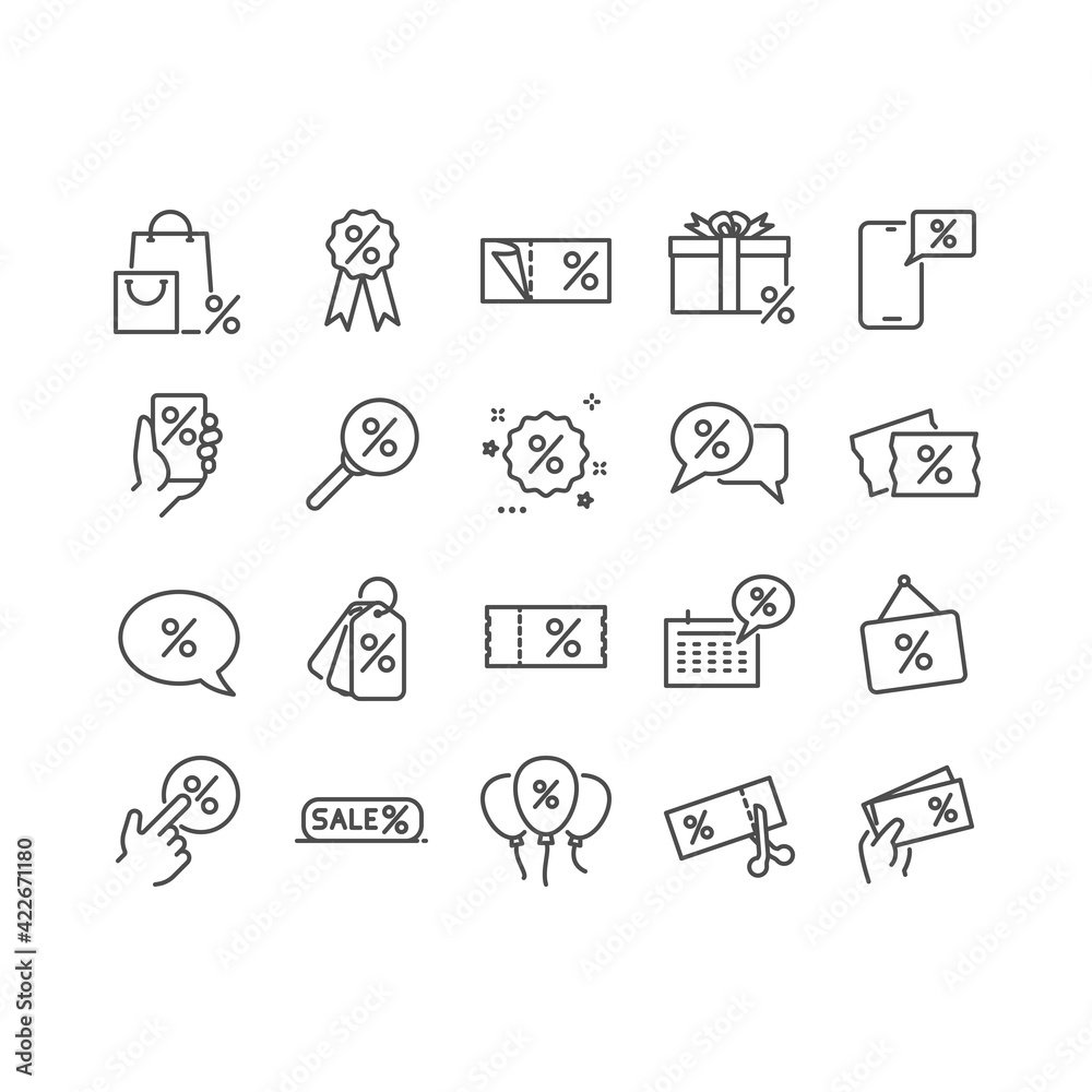 Simple Set of Discount Related Vector Line Icons. Contains such Icons as Coupon, Ribbon with Percent Sign, Discount online Discount date and more. Editable Stroke Simple Set of Discount Related Vector Line Icons. Contains such Icons as Coupon, Ribbon with Percent Sign, Discount online Discount date and more. Editable Stroke