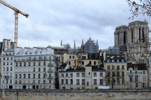 A view from the right side of Paris on the towers of Notre Dame through the Saint-Louis island. Paris, France the 13th March 2021.