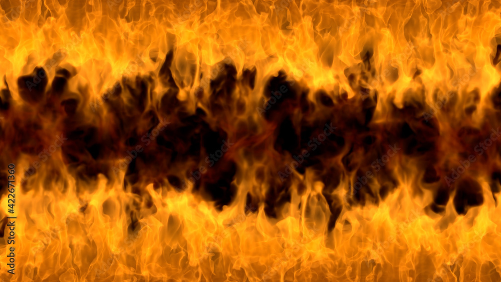 Fire flames on black background. Burning fire flame. Beautiful abstract background on the theme of fire, light and life. Fiery orange glowing. Strong fire. Big burning bonfire. Burning fields