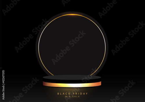 Black Friday Sale concept with stage empty for decor product, advertising, show. Black podium design luxury isolated on dark background. Vector illustration.