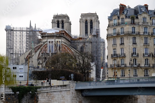 Paris, the tower of Notre Dame during the reconstruction of the roof and the spire. 