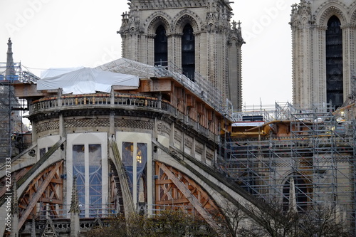Paris, the tower of Notre Dame during the reconstruction of the roof and the spire. 