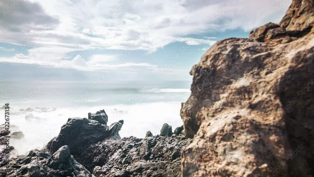 Tenerife island ocean volcano rocks. Sunny day timelapse. Waves breaking on the rocks. Spain 4k panorama Tenerife island ocean volcano rocks. Sunny day timelapse. Waves breaking on the rocks. Spain 4k panorama