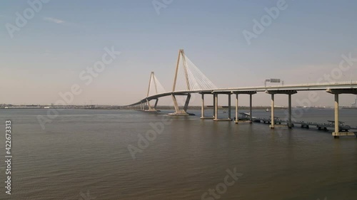 Wallpaper Mural Large bridge Over the River aerial view sunny dat blue sky with traffic boats and  Torontodigital.ca