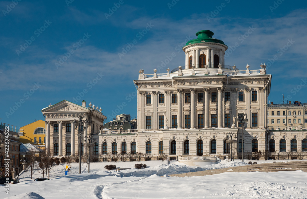 Winter view of Pashkov House, white classicist mansion on Vagankovsky Hill currently owned by Russian State Library, Moscow, Russia
