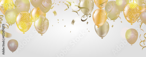 Glossy gold Flying helium Balloons backdrop with effect. Wedding, Birthday and Anniversary