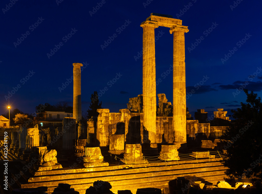 Night view of lighted ruins of Apollo Temple, Turkey. High quality photo