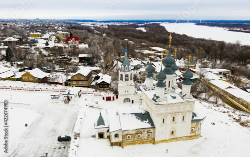 Winter aerial view of Orthodox Resurrection convent in snow covered Murom city in Vladimir Region, Russia.