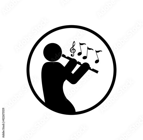 musician icon, image of a musician blowing the flute, raised out a musical note symbol