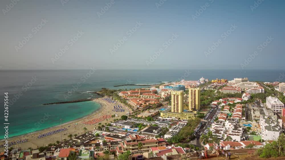 Aerial view to the beach, timelapse at sunny day, 4K footage. Tenerife, Spain Aerial view to the beach, timelapse at sunny day, 4K footage. Tenerife, Spain
