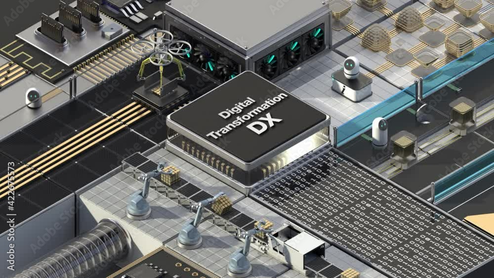 Smart factory controlled by Robotic process automation(RPA). 'Digital Transformation' with an Artificial Intelligence cpu chip in the center. 4k animation.