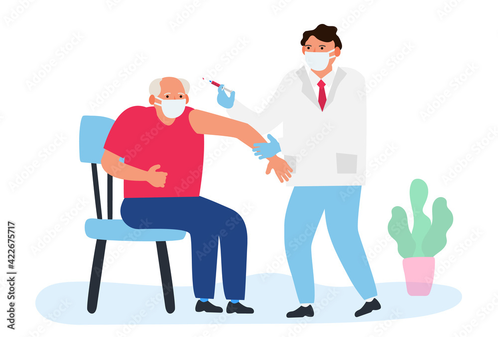 doctor vaccinating senior man patient covid 19 coronavirus vaccination vector illustration doctor vaccinating senior man patient covid 19 coronavirus vaccination vector illustration