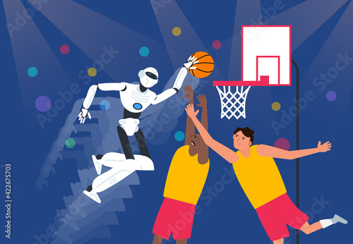 robot humanoid play basketball with people championship future robotic technology  vector illustration