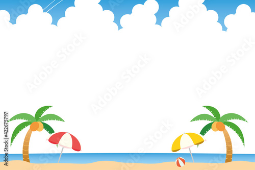 夏の海とヤシの木とパラソルの横長バナーイラスト
