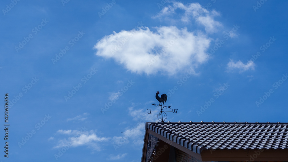 clouds sky landscape nature background. morning sunrise fluffy clouds in the blue sky spring season. the house roof and roster tell the direction of weather wind and sunlight. clouds sky landscape nature background. morning sunrise fluffy clouds in the blue sky spring season. the house roof and roster tell the direction of weather wind and sunlight.