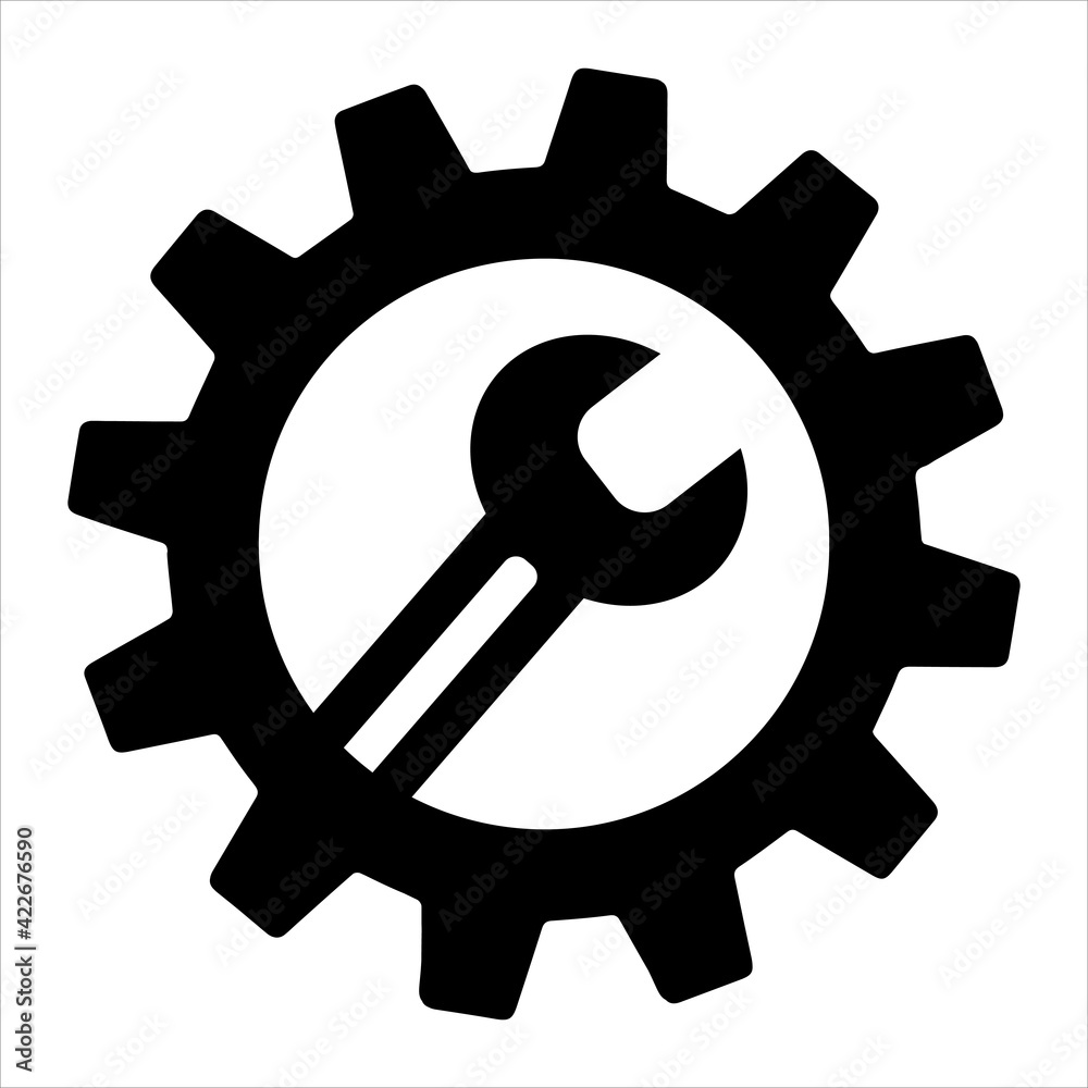 Simple spanner on gear isolated on white background. Icon for apps and websites Simple spanner on gear isolated on white background. Icon for apps and websites