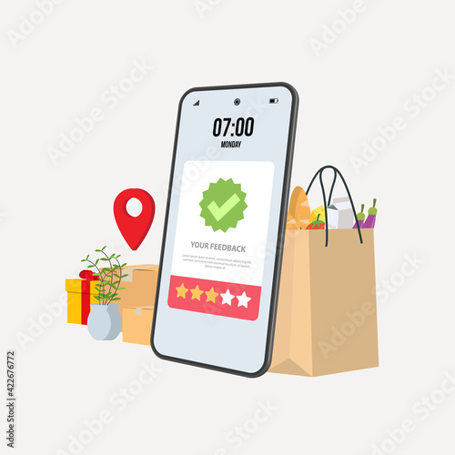 Rating stars on a smartphone with food on the background. Mobile phone with star on screen, 3d vector illustration, line art, web banner