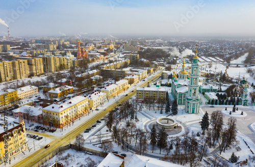 Winter view from a drone of the Spaso-Preobrazhensky Cathedral in the city center and residential areas in ..Tambov, Russia