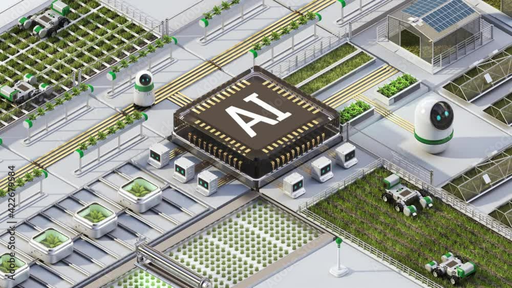 Smart Agriculture controlled by Robotic process automation(RPA). Smart Farm concept with an AI cpu chip in the center. 4k animation. Smart Agriculture controlled by Robotic process automation(RPA). Smart Farm concept with an AI cpu chip in the center. 4k animation.