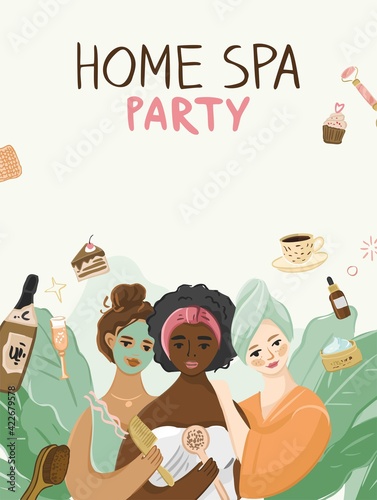 Girls of different nationalities in gowns on a floral background. Young women at pajama beauty party. Home spa. Concept for a day of beauty and relaxation at a bachelorette party. Vector illustration