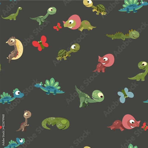 Little cubs dinosaurs. Seamless background illustration. Cheerful kind animal baby dino. Cartoons flat style. Prehistoric reptile. Funny. vector © Natalia