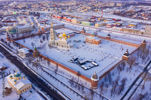 Scenic view from drone of snow covered Tula Kremlin and Holy Assumption Cathedral on background with cityscape, Russia © JackF