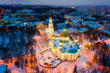Aerial view evening of Spassky Cathedral in winter in the city of Penza. ..