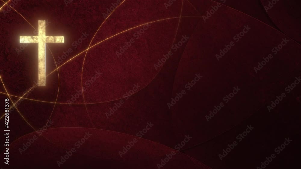 Golden Christian Cross on liturgic red copy space background loop. 3D animation for online worship symbolizing the passion for Christ in Confirmation, Good Friday, Palm Sunday, and the Pentecost.