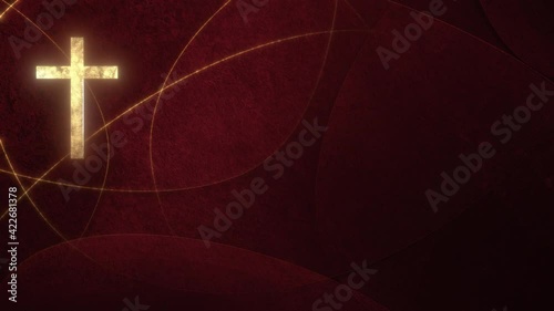 Golden Christian Cross on liturgic red copy space background loop. 3D animation for online worship symbolizing the passion for Christ in Confirmation, Good Friday, Palm Sunday, and the Pentecost.