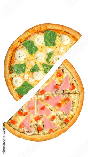 Pizza, two halves isolated on a white background. Versus concept. Appetizing pizza.