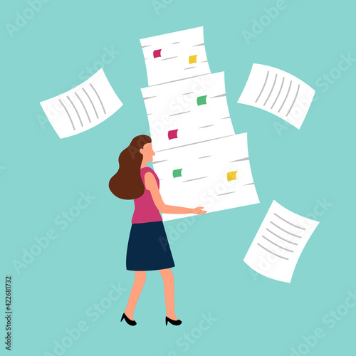 Woman carry stack of documents in flat design. Businesswoman with load of paper work. Office worker with heavy work.