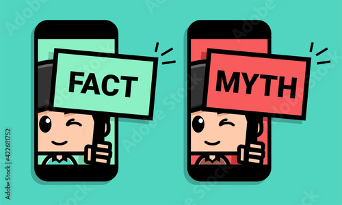 Fact myth sign.Cute boy carrying a  board with fact and myth inside a phone. Concept of thorough fact-checking or easy compare evidence. Illustration vector
