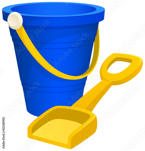 Vector illustration of a children's plastic beach/sandbox toy bucket and shovel.
