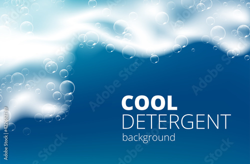 Beautiful blue background with realistic Soap foam with bubbles. Shampoo bubbles texture. Shiny washing hygiene detergent. Designed text. Vector illustration