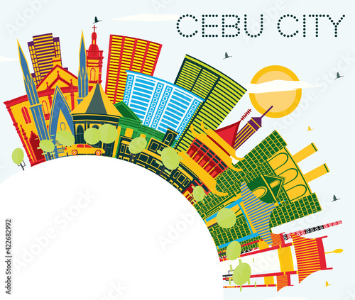 Cebu City Philippines Skyline with Color Buildings, Blue Sky and Copy Space.