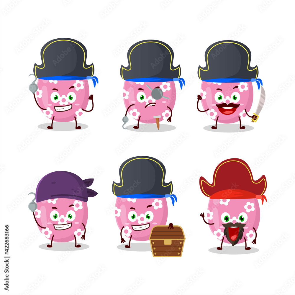 Cartoon character of pink easter egg with various pirates emoticons Cartoon character of pink easter egg with various pirates emoticons