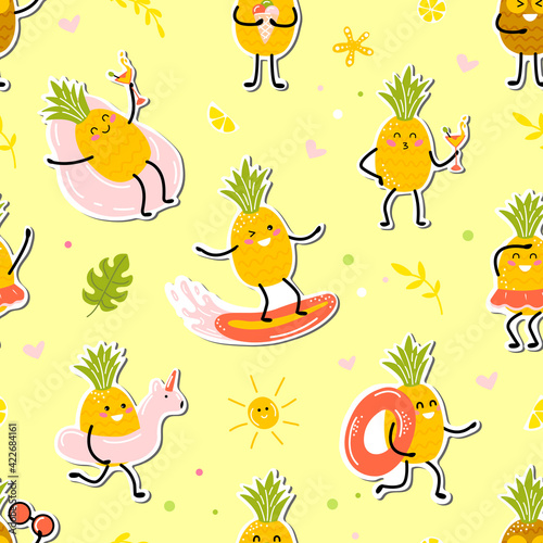 pattern stickers with pineapple kawaii. cute fruits enjoy the vacation. vacation at sea. vector illustration in cartoon style. © Bulgakova Kristina