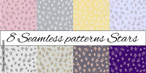 A set of 8 beautiful stylish seamless patterns with set of doodles of stars. Vector, eps10.