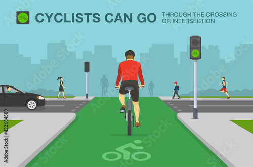 Back view of cyclist on a bicycle lane. City road with dedicated bicycle lane and traffic signal. Flat vector illustration template.