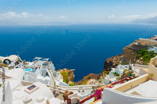 White architecture on Santorini island, Greece. Summer landscape, sea view. Famous travel destination