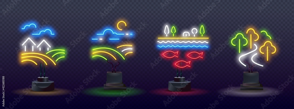agriculture neon icons. farms, fields, forests, mountain roads and village houses neon icons for promotions