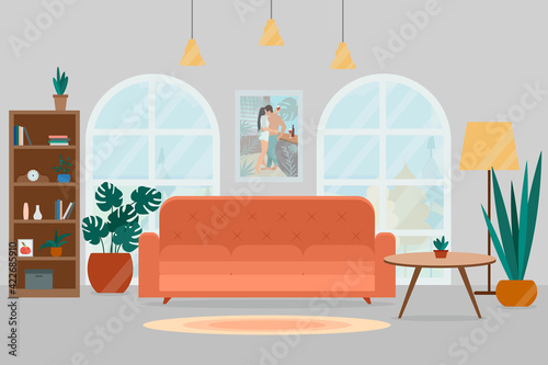 Cozy living room interior with sofa, two large windows and potted plants. Flat style vector illustration.