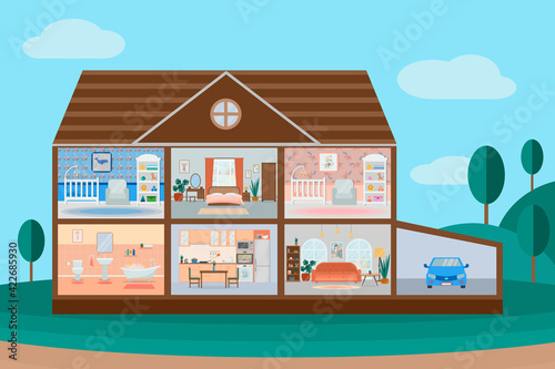 House cut. Detailed home interior with furniture. Kitchen, living room, bedroom, children's rooms for girls and boys.