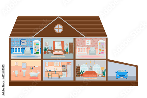 House cut. Detailed home interior with furniture. Kitchen, living room, bedroom, children's rooms for girls and boys.
