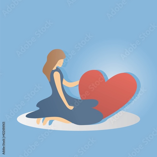 self care and self compassion concept,woman or girl  Sitting sad with a red heart, vector illustration.