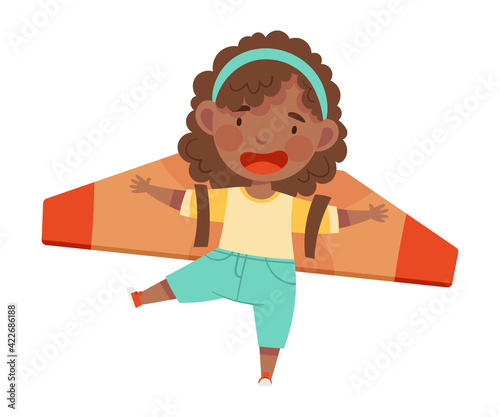 Playful African American Girl with Improvised Fake Wings Flying and Playing Vector Illustration